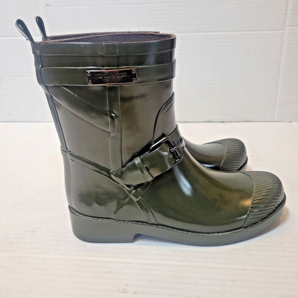Coach Lester Ankle Rain Boots Army Green Rubber Buckle Logo Moto Booties Sz 5 B